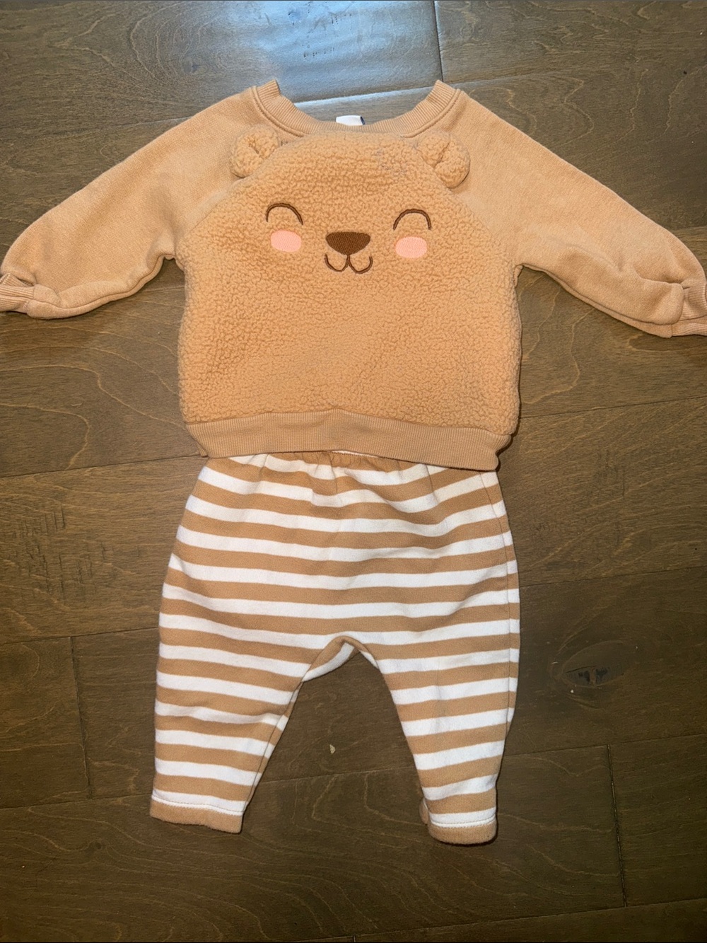 Old Navy Toddler Bear Fleece Top and Striped Pants - Tan & White